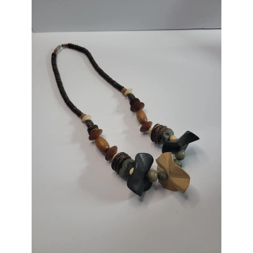 Earth Tone Chunky Statement Necklace Brown Orange Gray Beaded Boho Artisan Style
